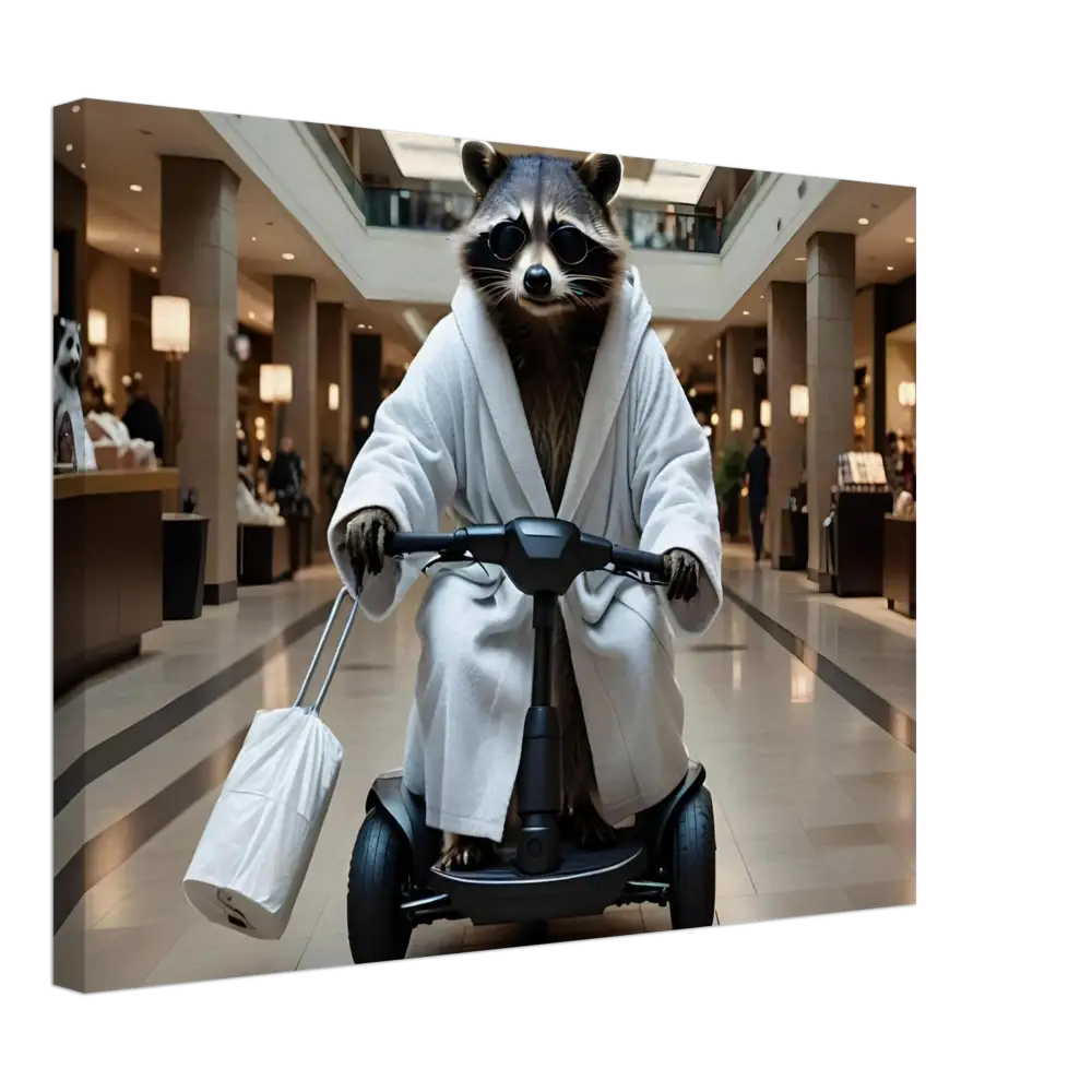 Raccoon in bathrobe riding a scooter on PixiOnyx Premium Wall Art titled Mobility Mogul