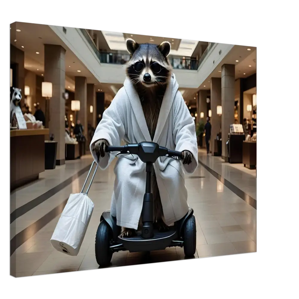 Raccoon in bathrobe riding scooter with luggage wall art for Mobility Mogul PixiOnyx