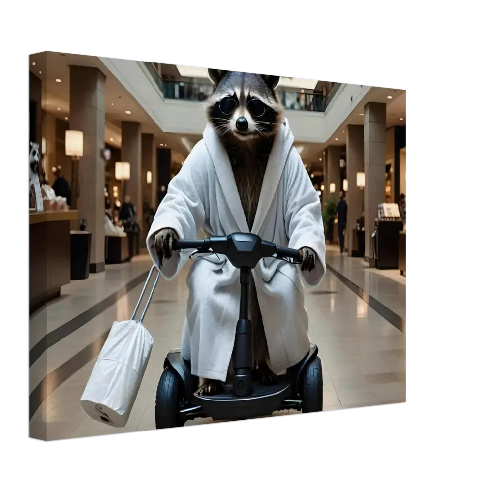 Raccoon in bathrobe riding scooter displayed on Mobility Mogul Raccoon Mallscape Canvas