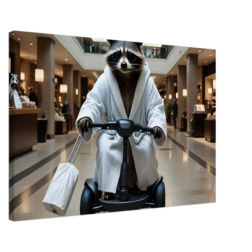 Raccoon in bathrobe riding a scooter, featured on Mobility Mogul PixiOnyx Wall Art