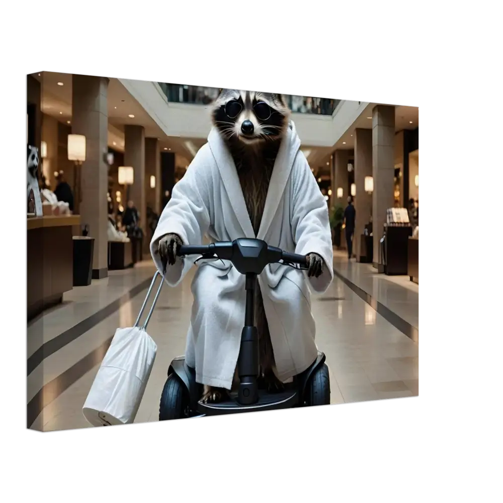 Raccoon in bathrobe riding scooter on PixiOnyx Mobility Mogul Mallscape Canvas