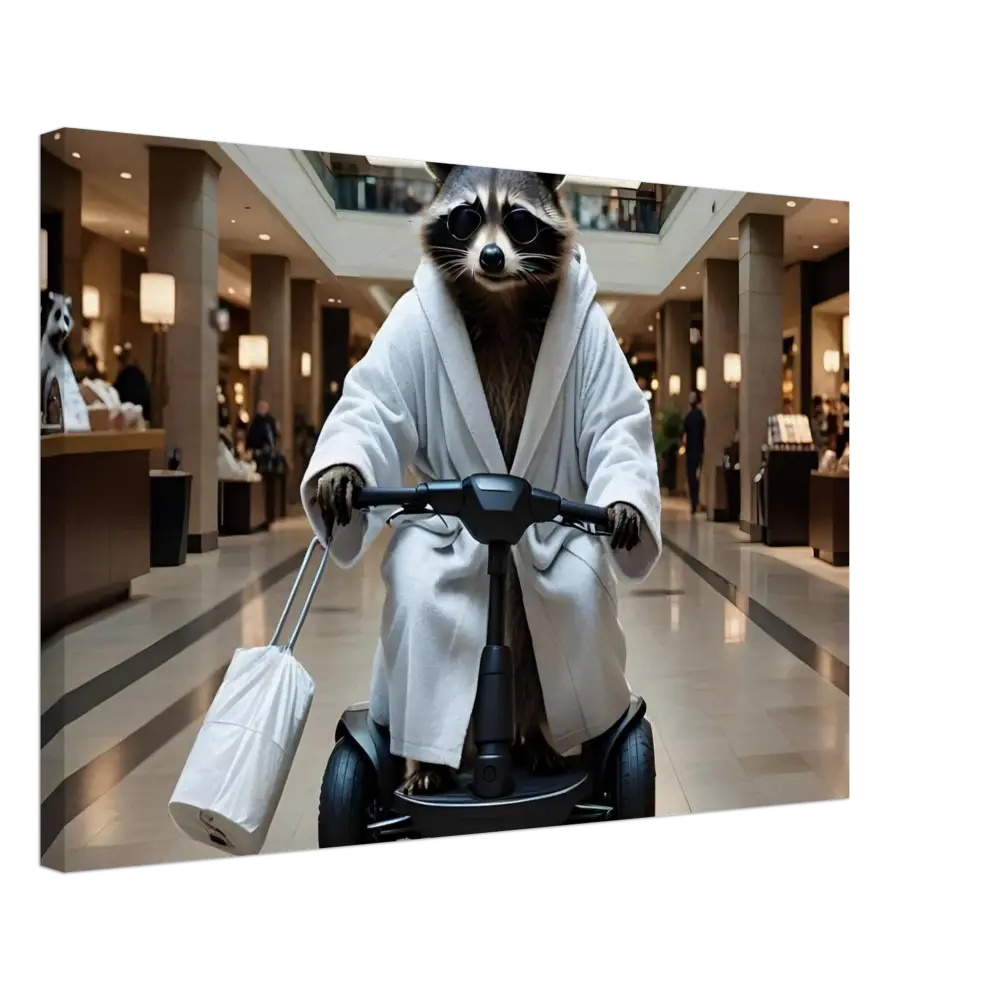 Raccoon in bathrobe riding a scooter for PixiOnyx Mobility Mogul Wall Art