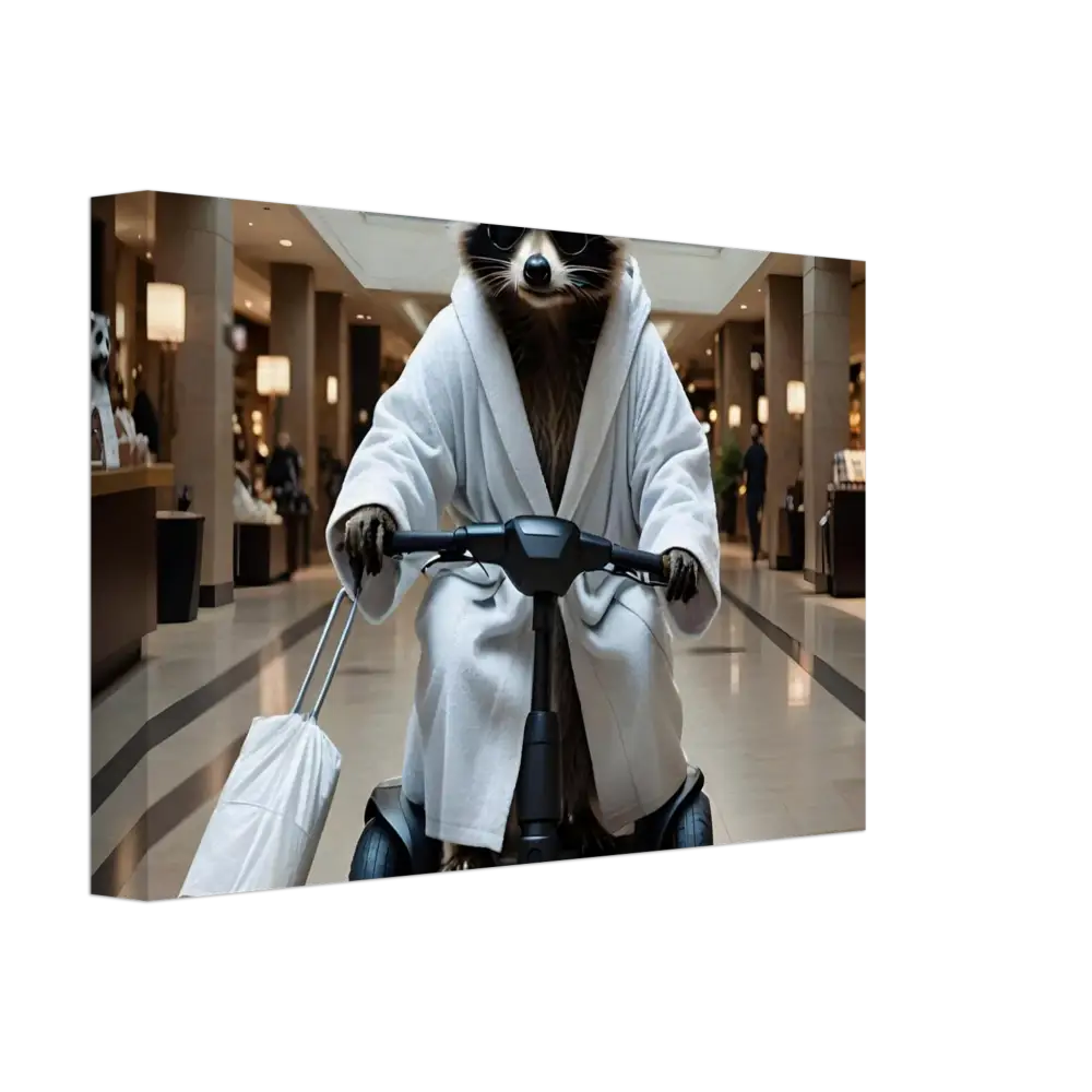 Raccoon in bathrobe riding scooter on PixiOnyx Mobility Mogul Wall Art