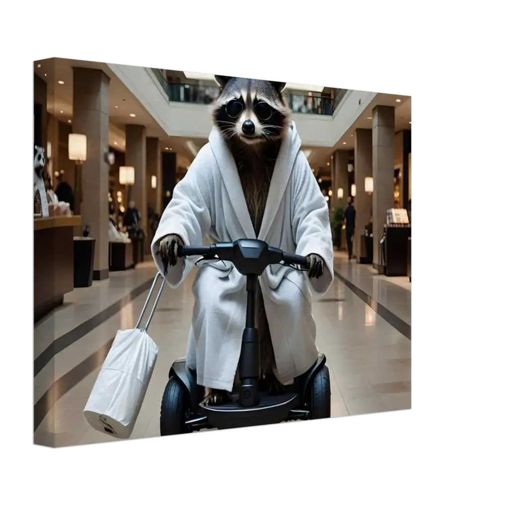 Raccoon in bathrobe riding scooter as Wall Art for Mobility Mogul Raccoon Mallscape Canvas