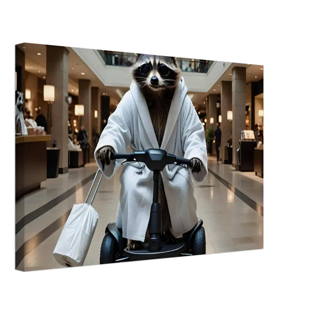 Raccoon in bathrobe riding scooter with toilet paper on PixiOnyx Mobility Mogul wall art