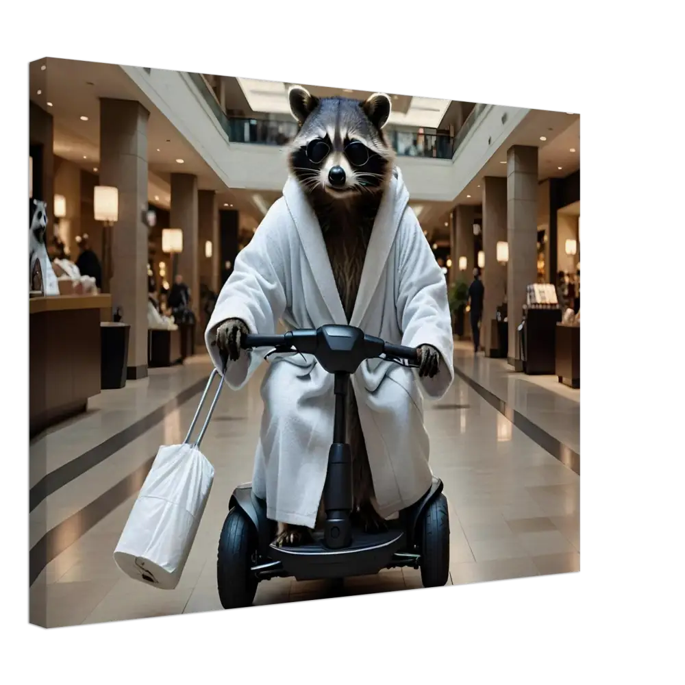 Raccoon in a bathrobe riding a scooter on PixiOnyx Wall Art for Mobility Mogul decor