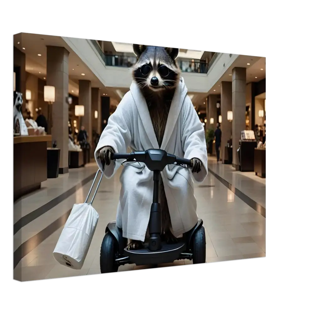 Raccoon in bathrobe riding a scooter for PixiOnyx Mobility Mogul wall art
