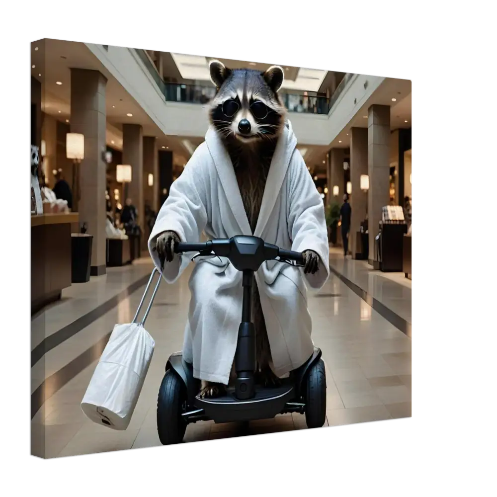 Raccoon in bathrobe riding a scooter artwork for Moblity Mogul Raccoon Mallscape Canvas