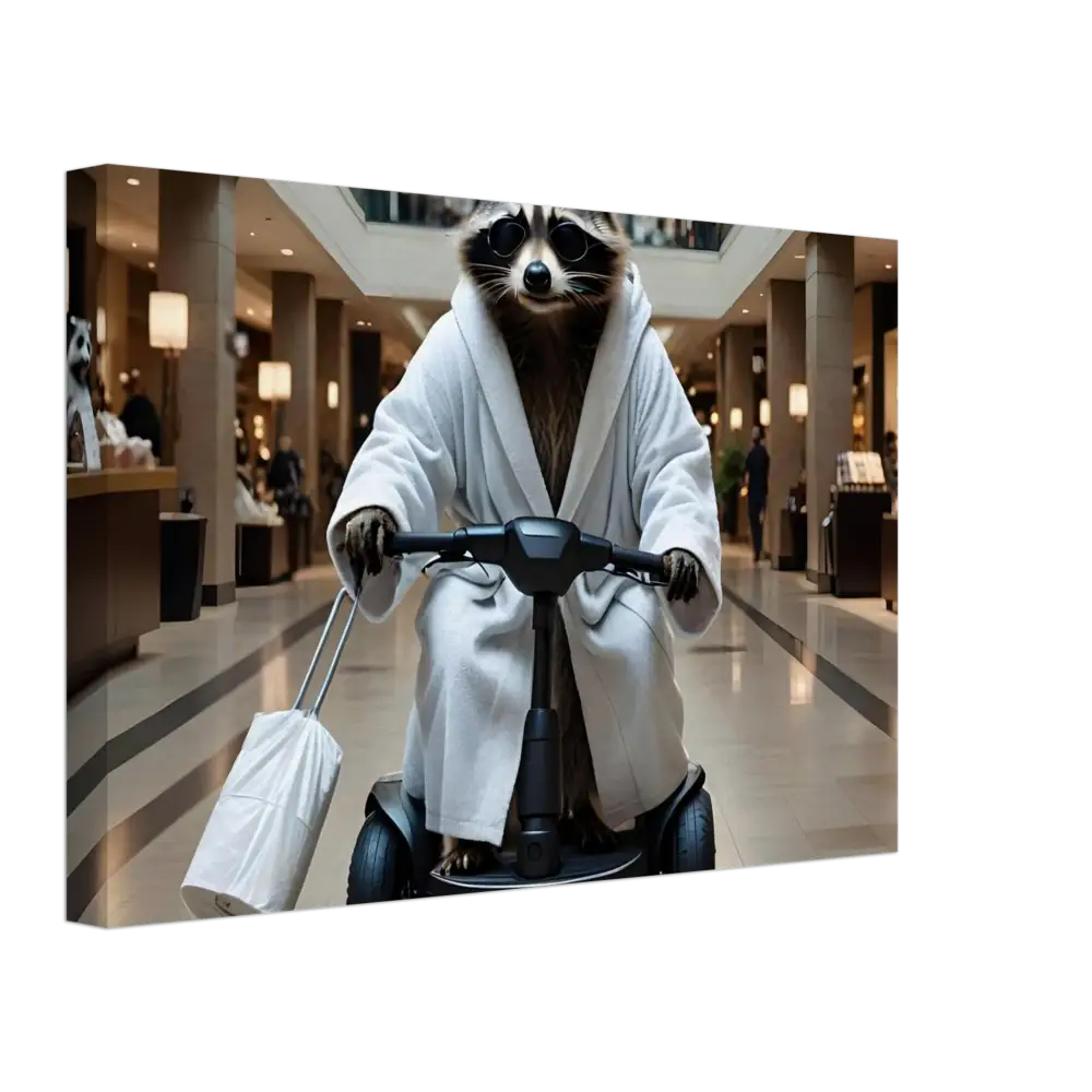 Raccoon in bathrobe on scooter displayed on PixiOnyx Mobility Mogul Wall Art
