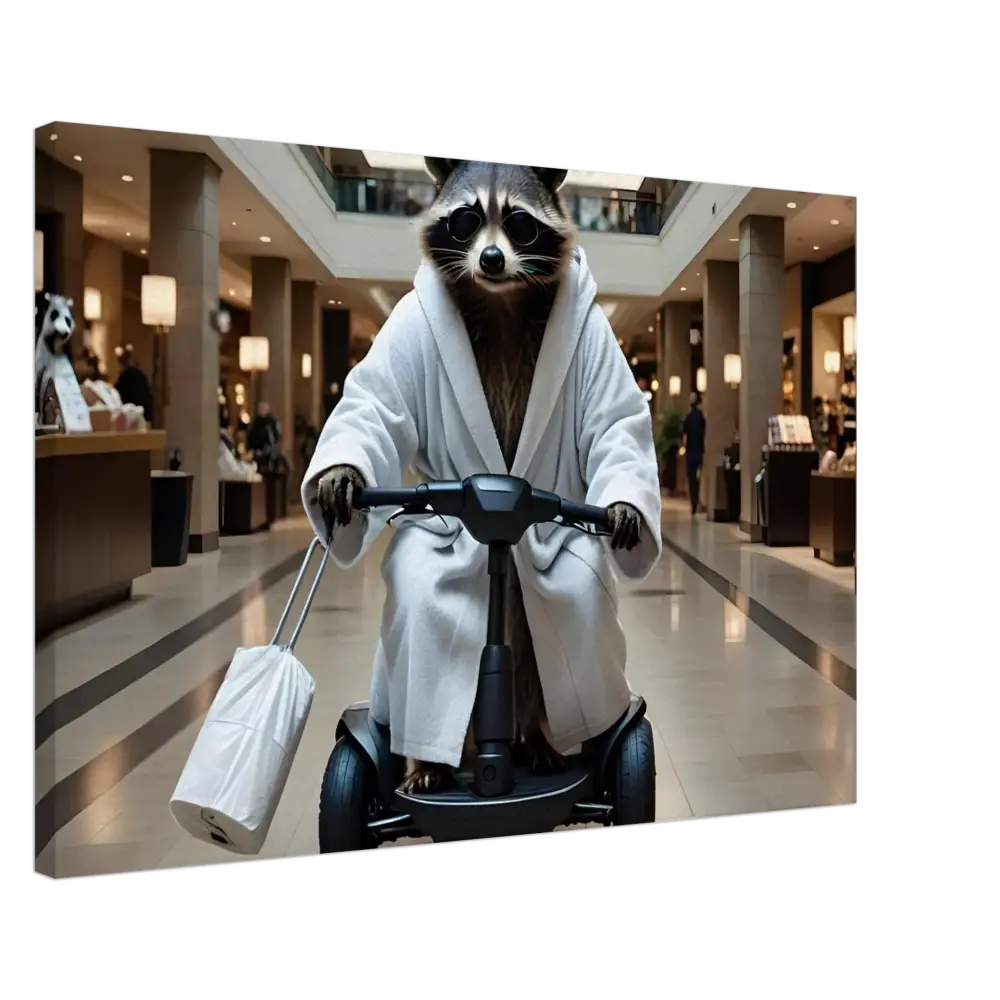 Raccoon in bathrobe riding scooter on PixiOnyx Mobility Mogul Wall Art