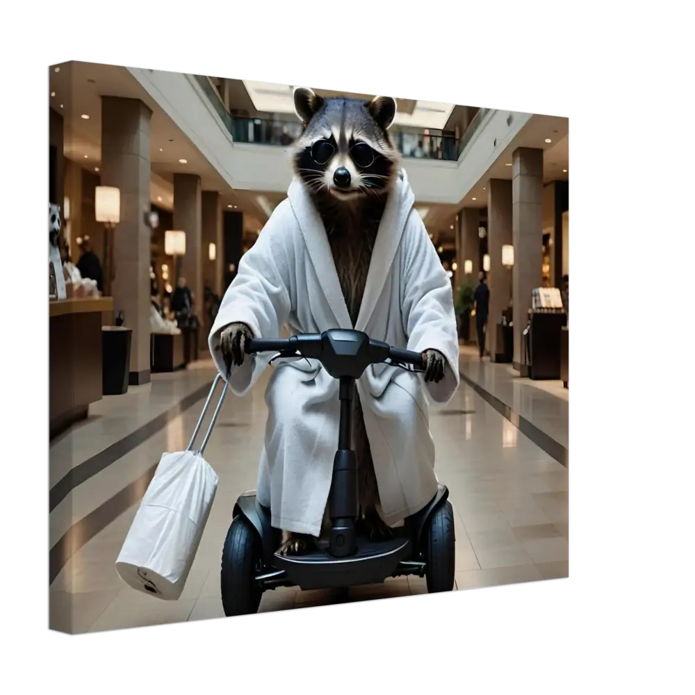 Raccoon in bathrobe riding a scooter for Moblity Mogul PixiOnyx Wall Art