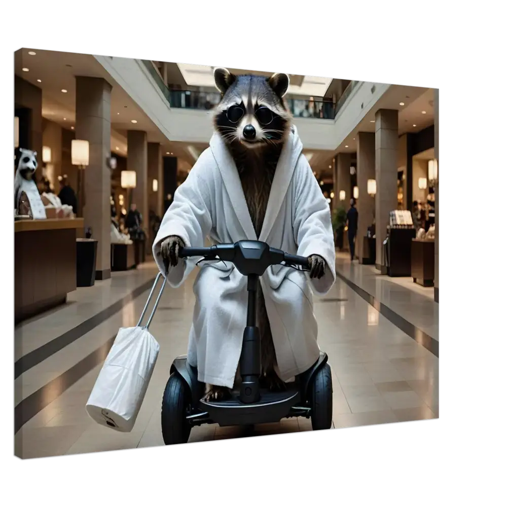 Raccoon in bathrobe riding scooter displayed on PixiOnyx Premium Wall Art