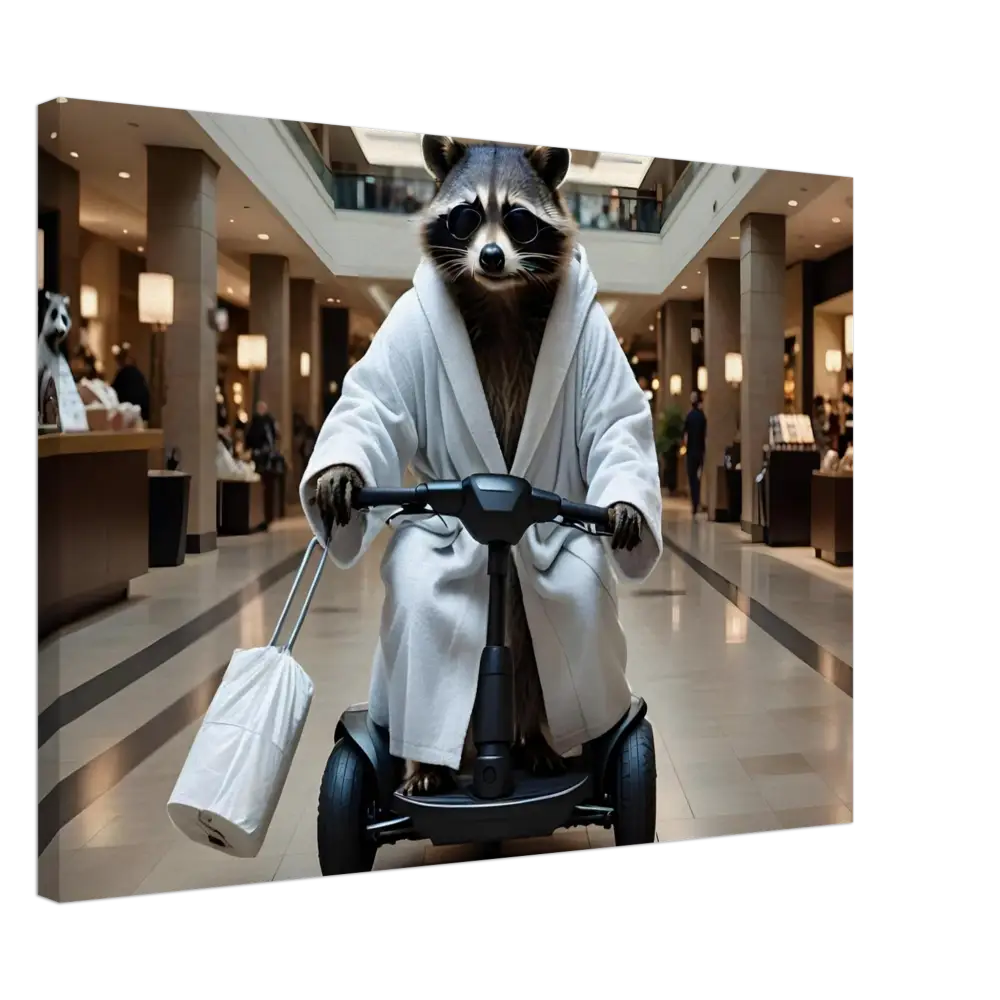 Raccoon in bathrobe riding a scooter for PixiOnyx Mobility Mogul Wall Art