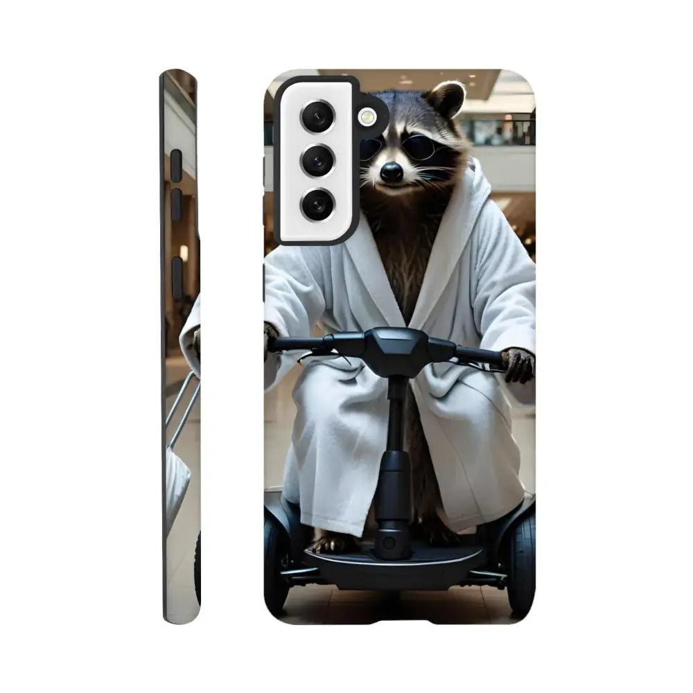 Samsung Tough Case featuring a raccoon in bathrobe riding a scooter for Mobility Mogul PixiOnyx Deluxe