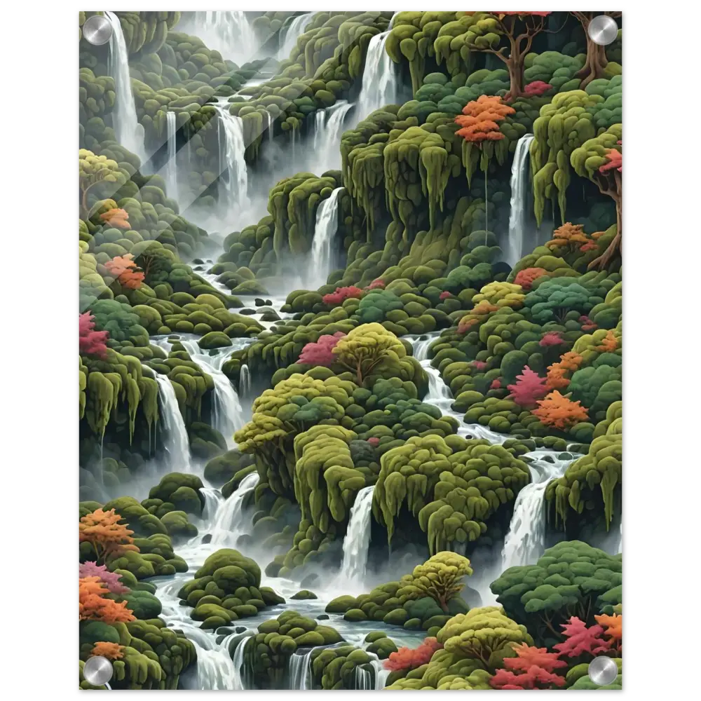 Lush waterfall landscape art displayed as Moss Cascade acrylic print by PixiOnyx