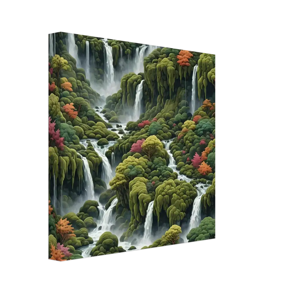 Moss Cascade Canvas Wall Art depicting lush waterfalls flowing through vibrant mossy forest