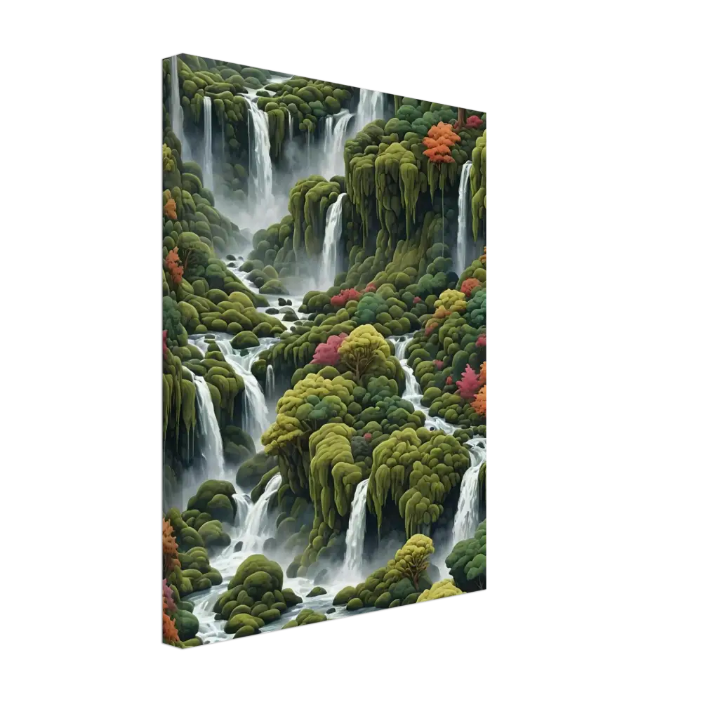 Lush waterfall landscape painting displayed in Moss Cascade Canvas Wall Art by PixiOnyx