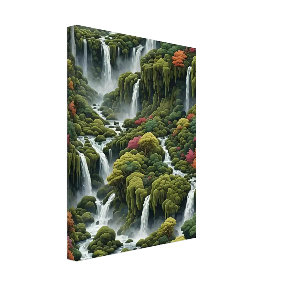 Lush waterfall landscape displayed on Moss Cascade Canvas Wall Art by PixiOnyx