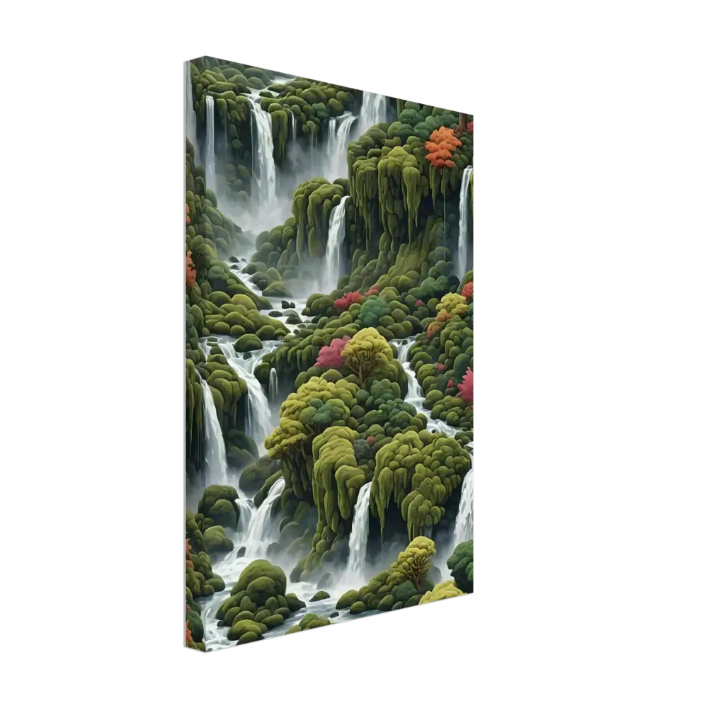 Lush tiered waterfalls cascading through mossy green terrain for Moss Cascade Canvas Wall Art