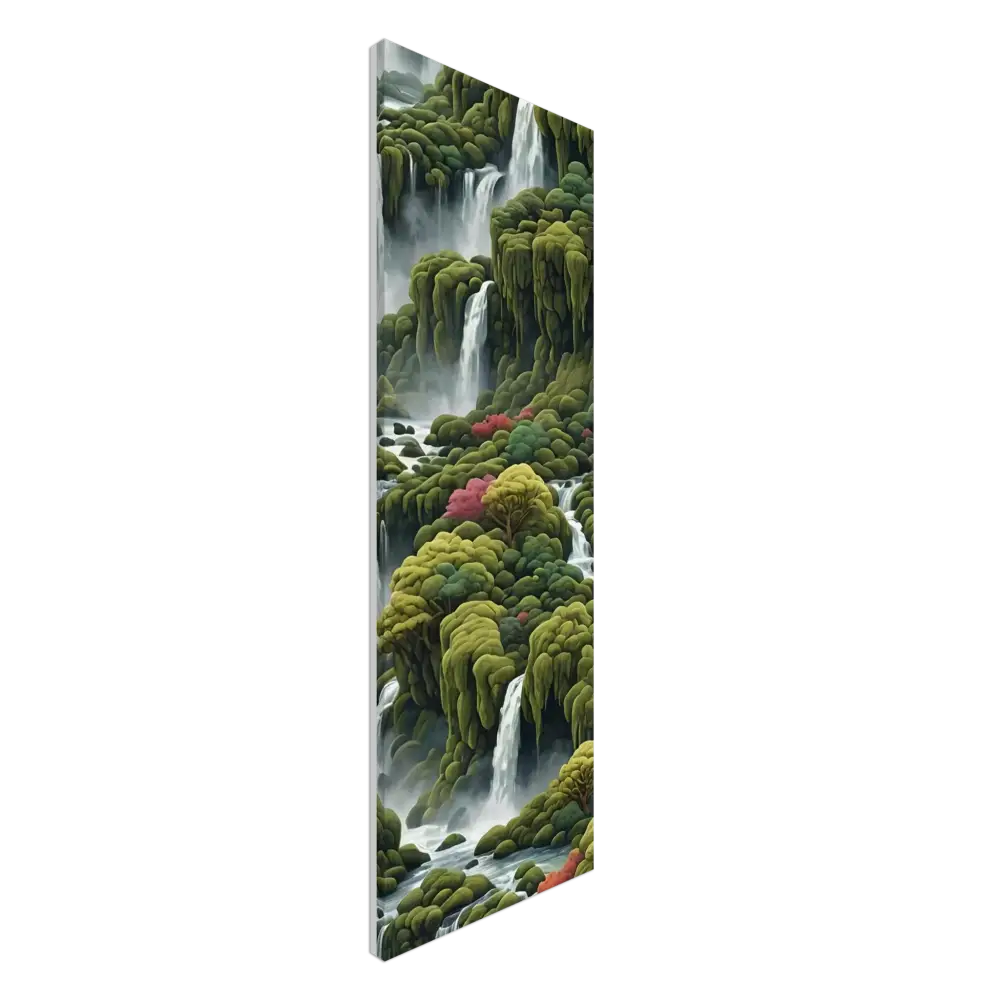 Lush waterfall landscape depicted on Moss Cascade Canvas Wall Art by PixiOnyx