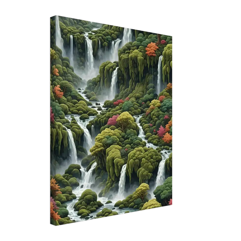 Lush cascading waterfalls amidst verdant foliage on Moss Cascade Canvas Wall Art by PixiOnyx