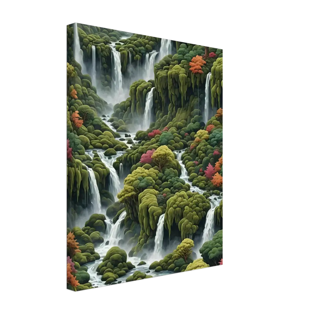 Lush waterfall landscape artwork for Moss Cascade Canvas Wall Art by PixiOnyx
