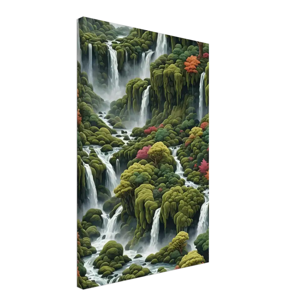 Lush multi-tiered waterfall landscape on Moss Cascade Canvas Wall Art by PixiOnyx