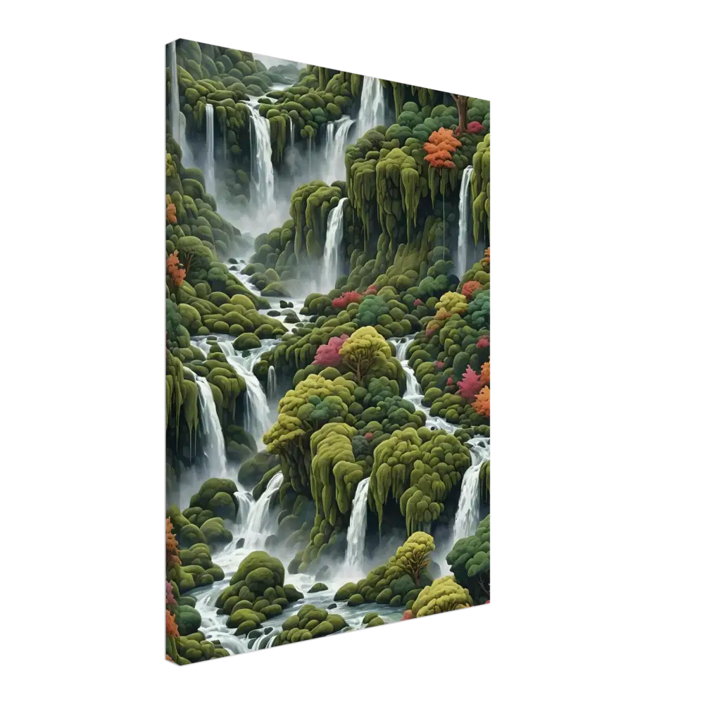 Lush cascading waterfalls flowing through green hills on Moss Cascade Canvas Wall Art by PixiOnyx