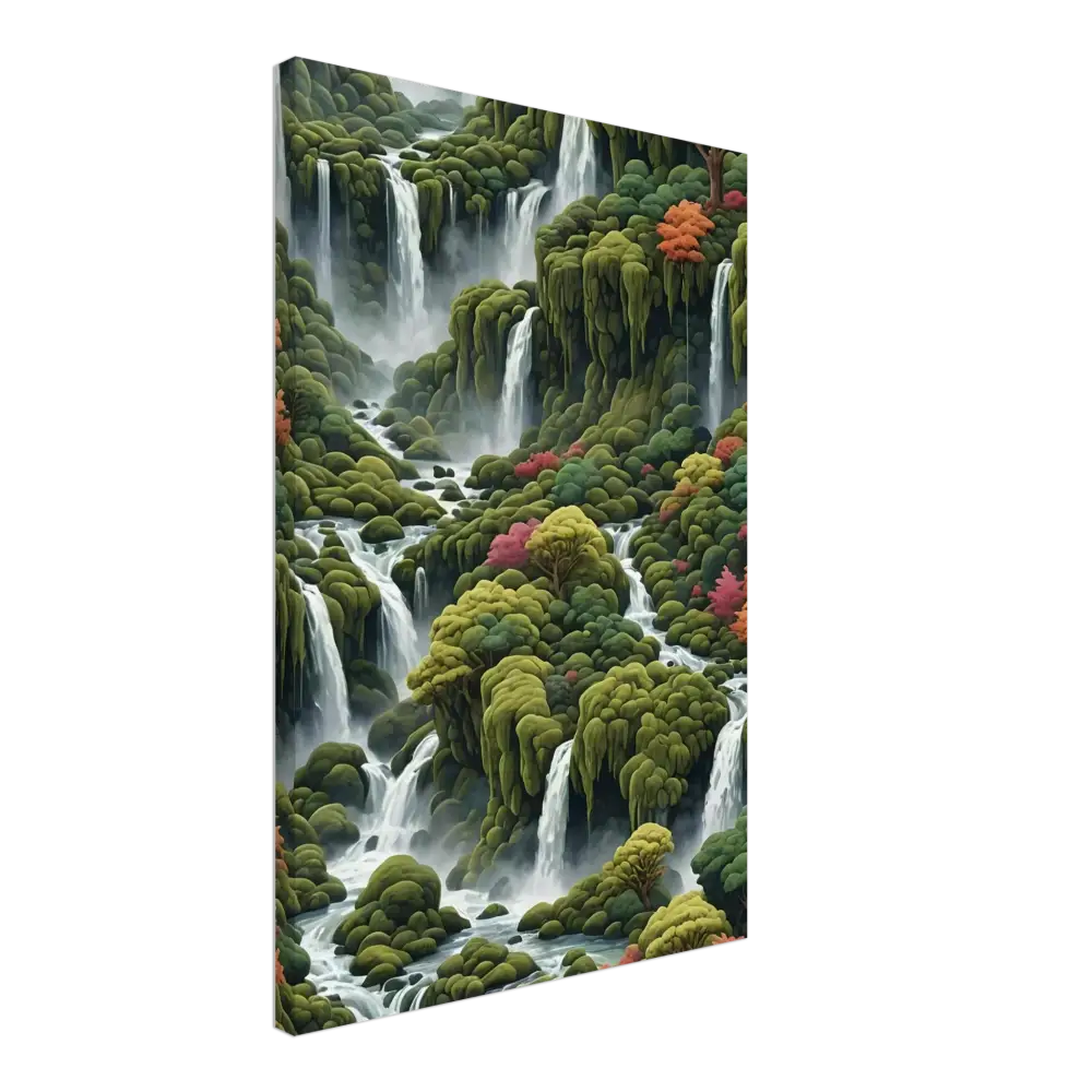 Lush waterfall landscape painting on Moss Cascade Canvas Wall Art by PixiOnyx