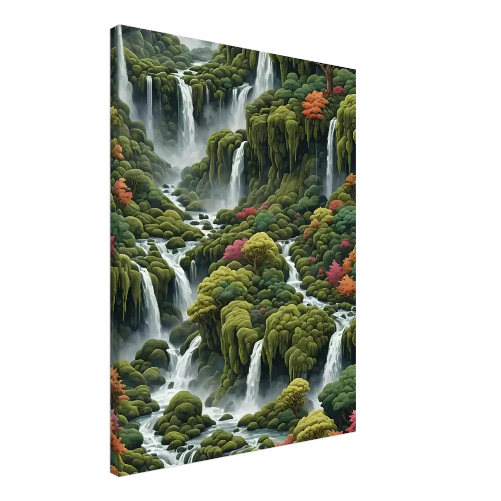 Lush cascading waterfalls with vibrant foliage on Moss Cascade Canvas Wall Art by PixiOnyx