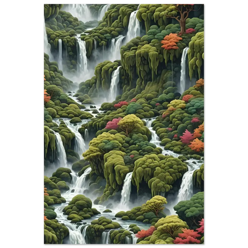 Moss Cascade Fine Art Poster featuring lush cascading waterfalls and vibrant foliage