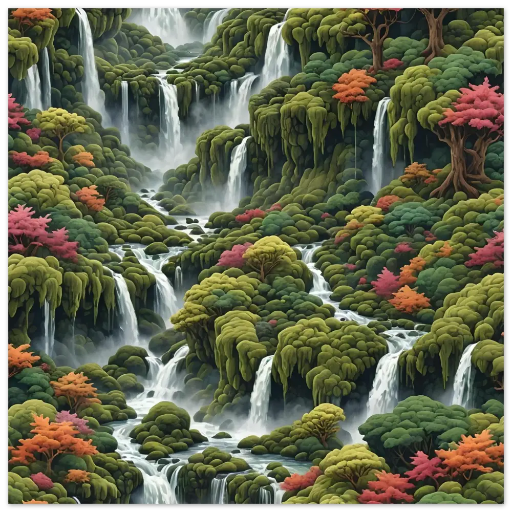 Lush cascading waterfalls surrounded by vibrant foliage on Moss Cascade Fine Art Poster PixiOnyx