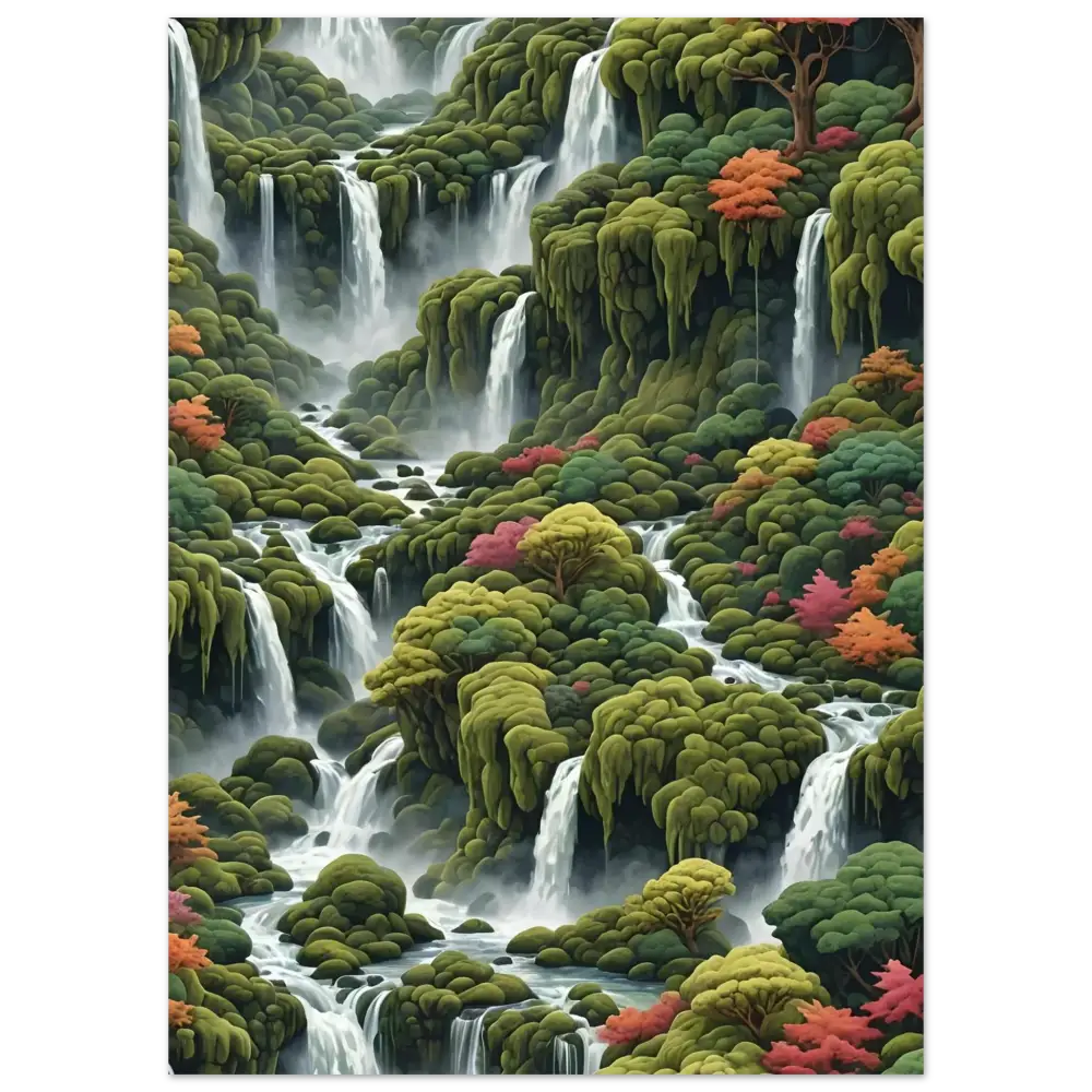 Lush cascading waterfalls amid vibrant greenery on MOS Cascade Fine Art Poster from PixiOnyx