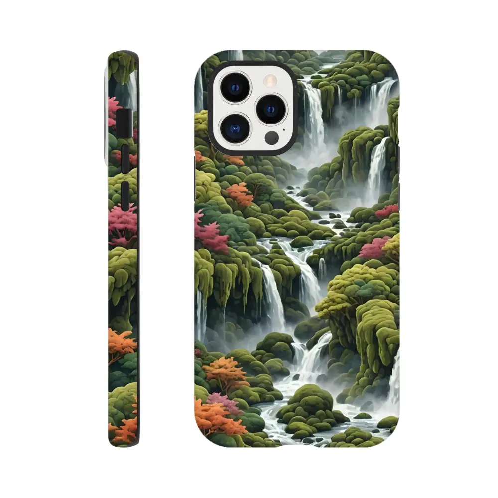 Waterfall-themed phone case for iPhone displayed in Moss Cascade PixiOnyx product image