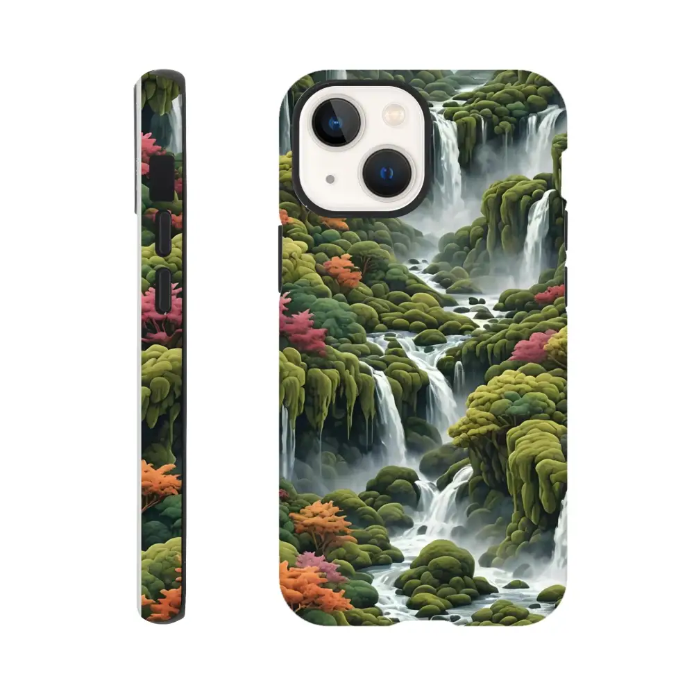 Waterfall-themed Moss Cascade iPhone Tough Case by PixiOnyx showing a nature-inspired design