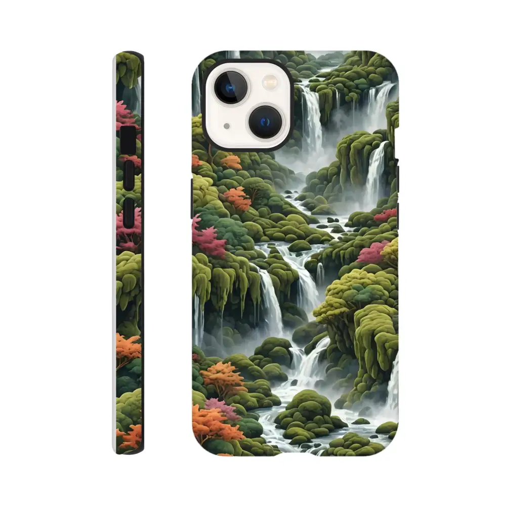 Waterfall-themed phone case for iPhone featuring moss cascade design by PixiOnyx