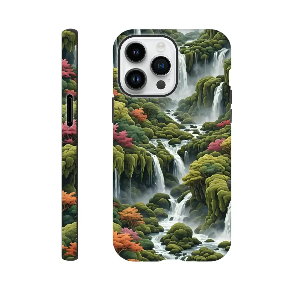Waterfall-themed iPhone Tough Case Moss Cascade by PixiOnyx showcasing nature-inspired design