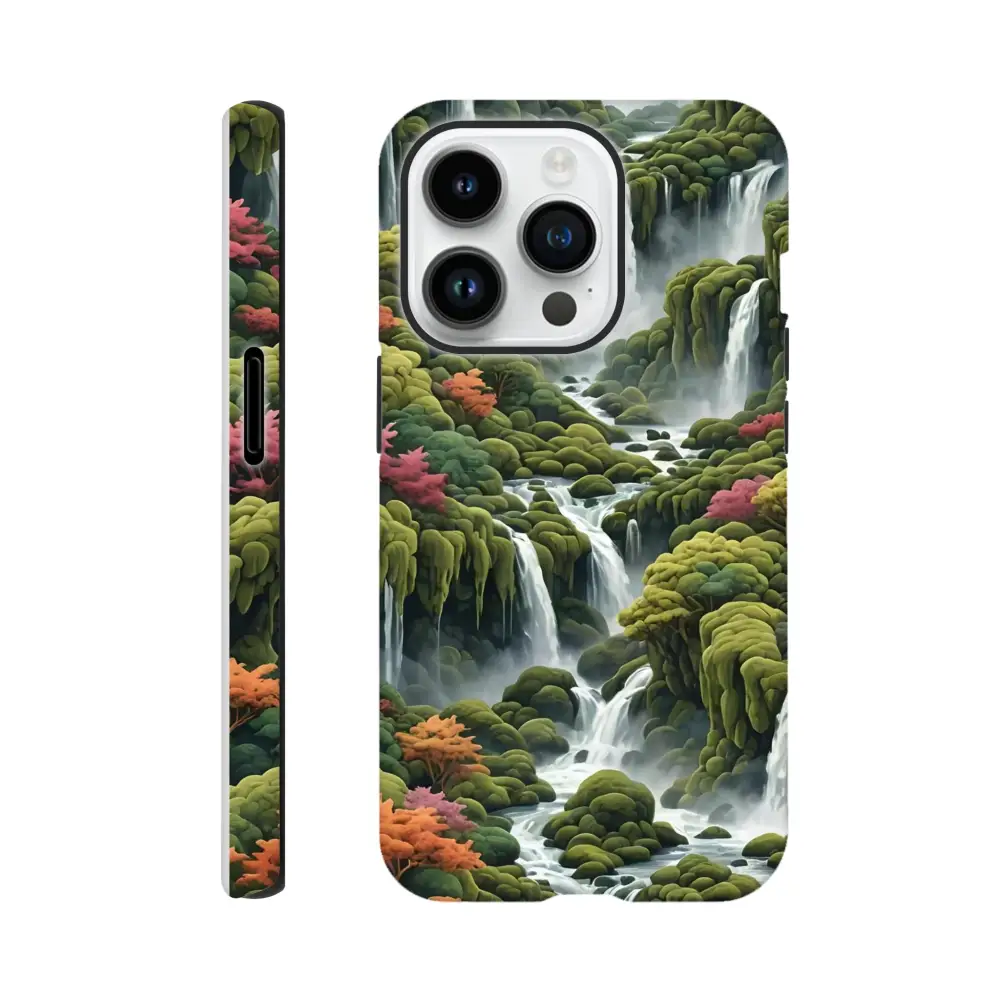 Waterfall-themed phone case for iPhone, Moss Cascade design by PixiOnyx