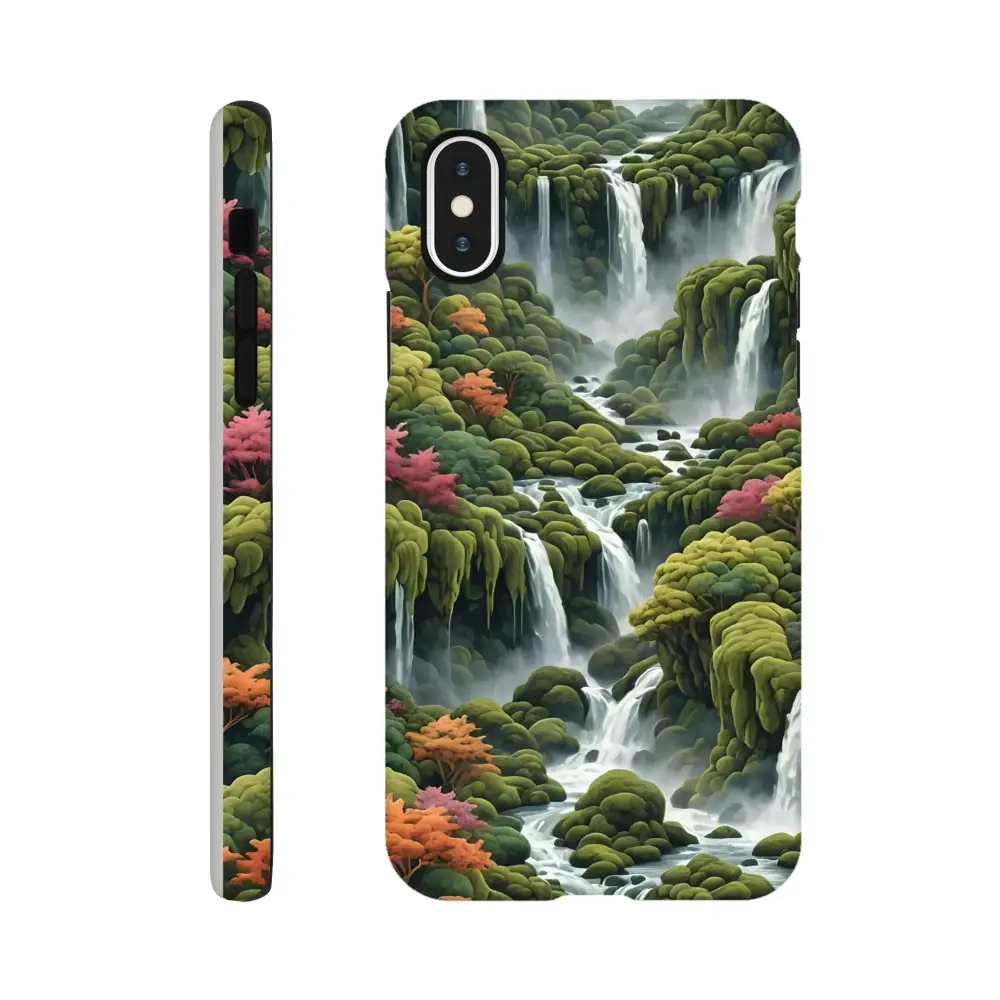 Waterfall-themed phone case for iPhone displayed in Moss Cascade PixiOnyx product image