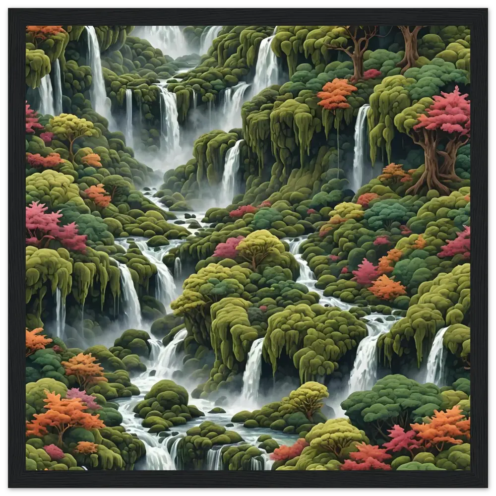 Moss Cascade Wooden Framed Matte Poster featuring lush waterfalls and vibrant foliage