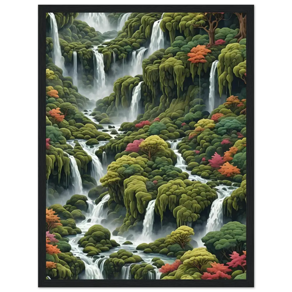 Lush waterfall landscape displayed on Moss Cascade wooden framed matte poster by PixiOnyx