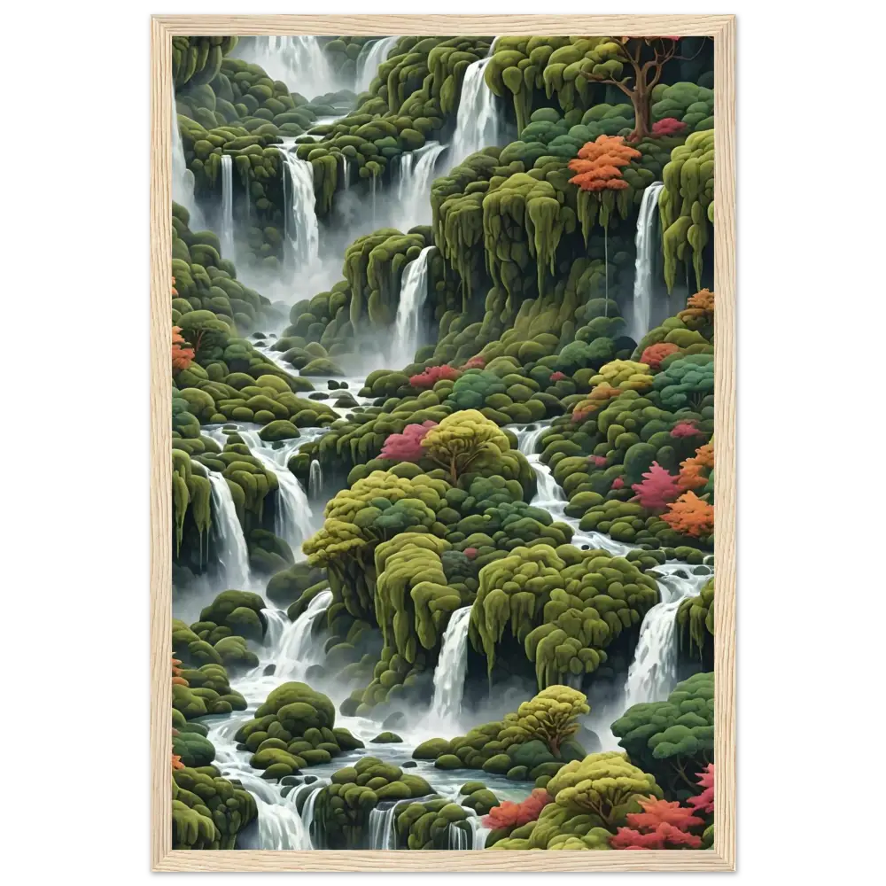 Lush waterfall landscape painting on Moss Cascade Wooden Framed Matte Poster from PixiOnyx