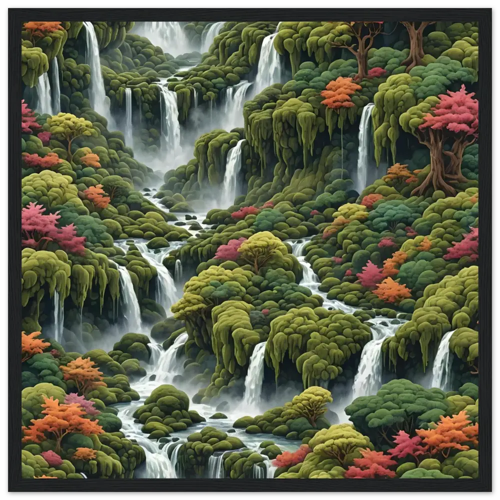 Lush waterfall landscape displayed on Moss Cascade Wooden Framed Matte Poster by PixiOnyx