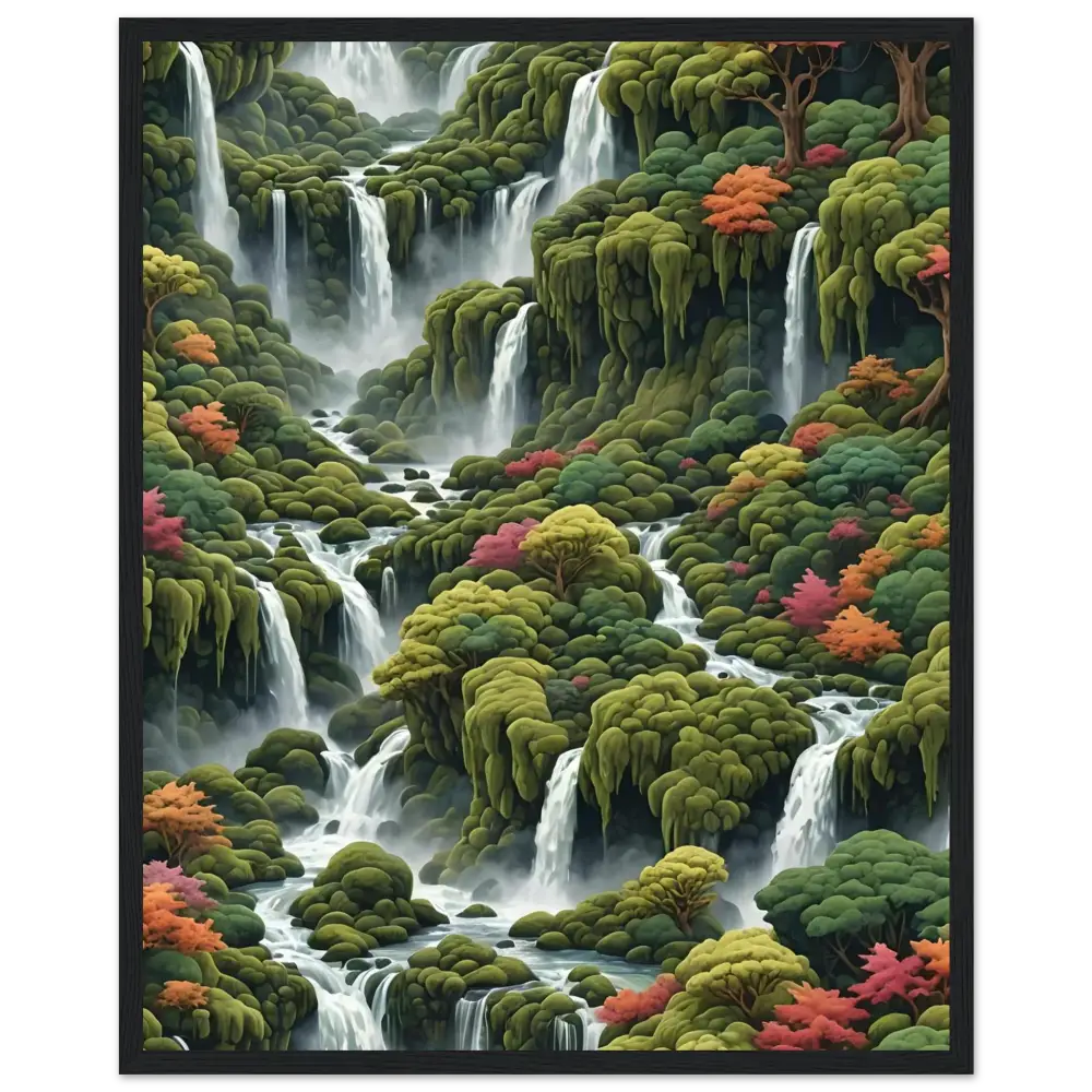 Moss Cascade Wooden Framed Matte Poster featuring lush cascading waterfalls and vibrant greenery