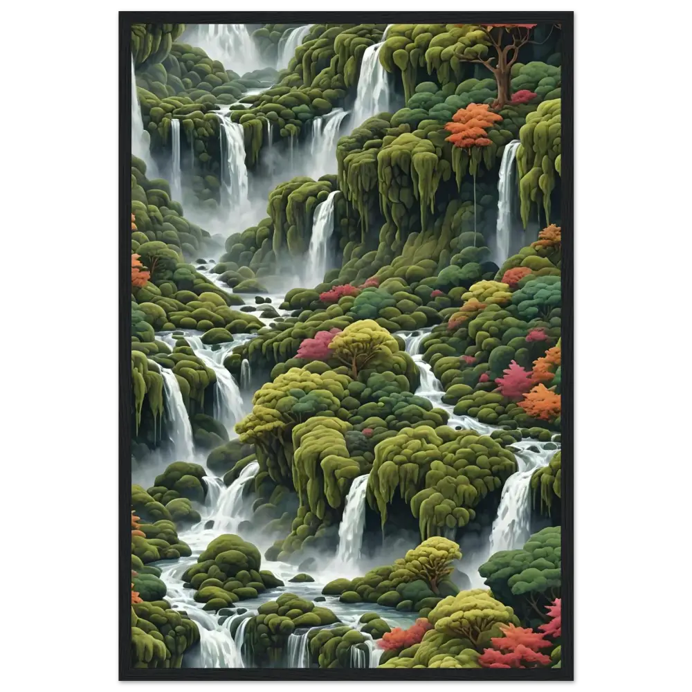 Lush cascading waterfalls with verdant foliage on Moss Cascade wooden framed matte poster