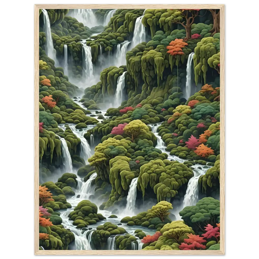 Lush waterfall landscape painting on Moss Cascade Wooden Framed Matte Poster by PixiOnyx