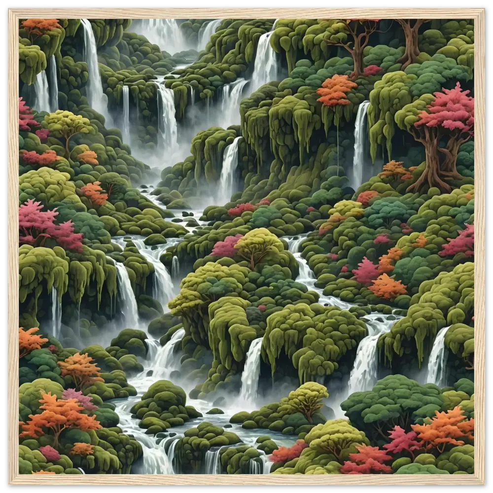 Lush cascading waterfalls and vibrant foliage displayed on Moss Cascade Wooden Framed Matte Poster