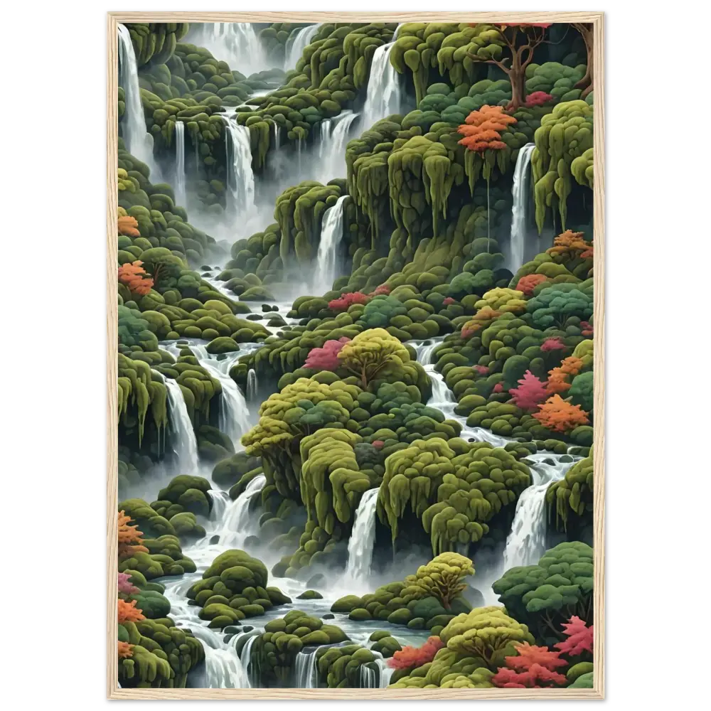 Lush cascading waterfalls with verdant foliage on Moss Cascade wooden framed matte poster