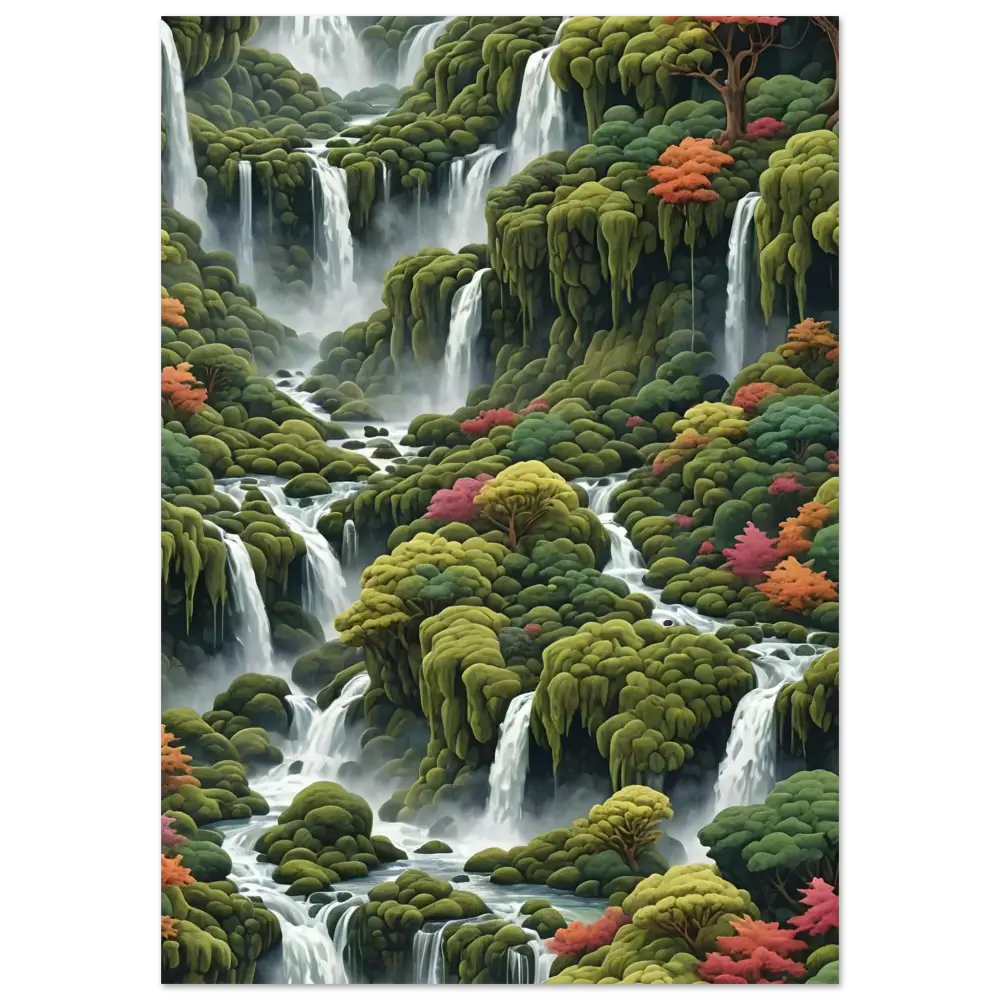 Moss Cascade Wooden Framed Matte Poster depicting lush waterfalls amid vibrant foliage