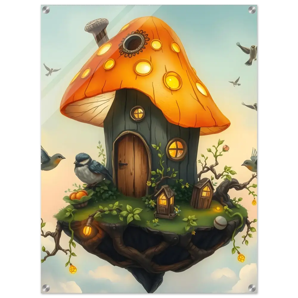 Whimsical mushroom house on floating island acrylic print for fairy tale wall decor